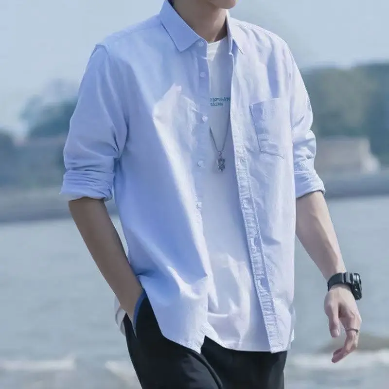 Spring Autumn New Turn-down Collar Fashion Long Sleeve Shirt Man High Street Casual Button Cardigan Cotton All-match Office Tops