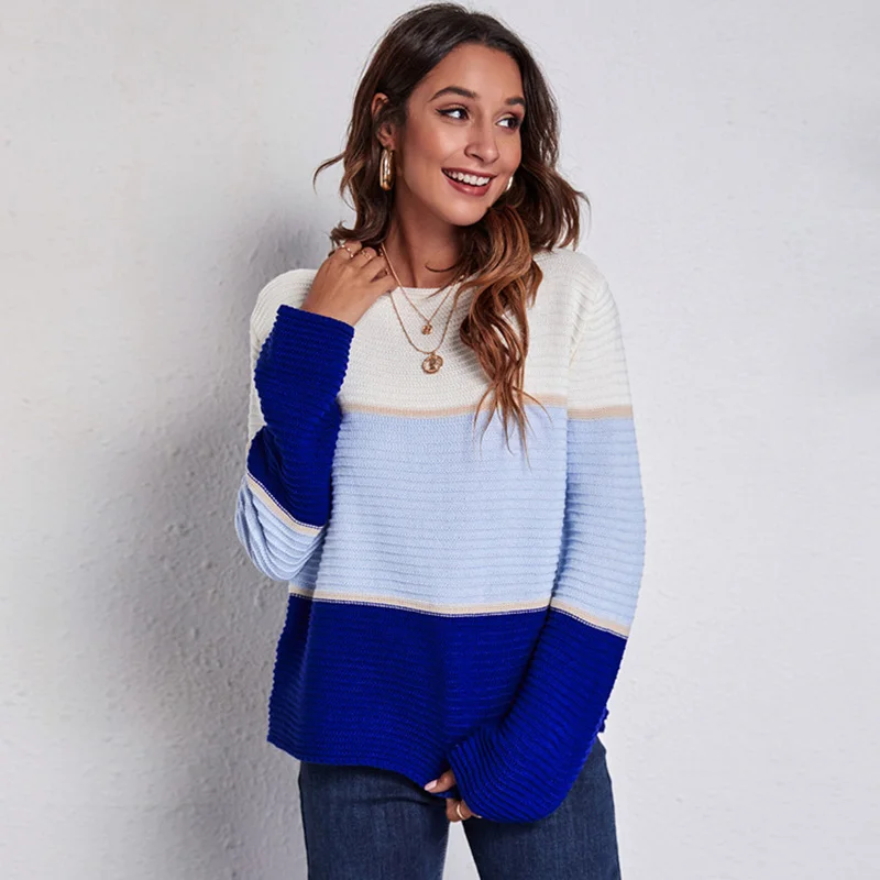 

Slash Neck Women Knitting Tops New Patchwork Color Leisure Ladies Sweater European Style Spring Autumn Female Knitted Pullovers