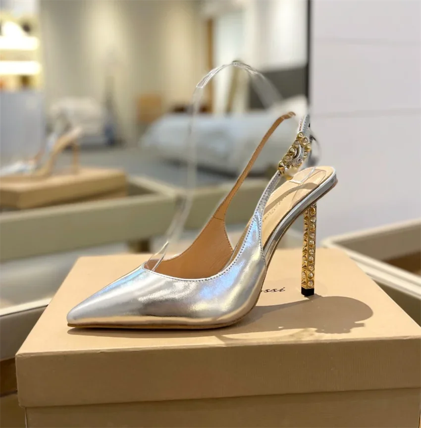 2024 summer sandals for women high quality genuine leather high heel shoes Pointed toe silver shining lady shoes