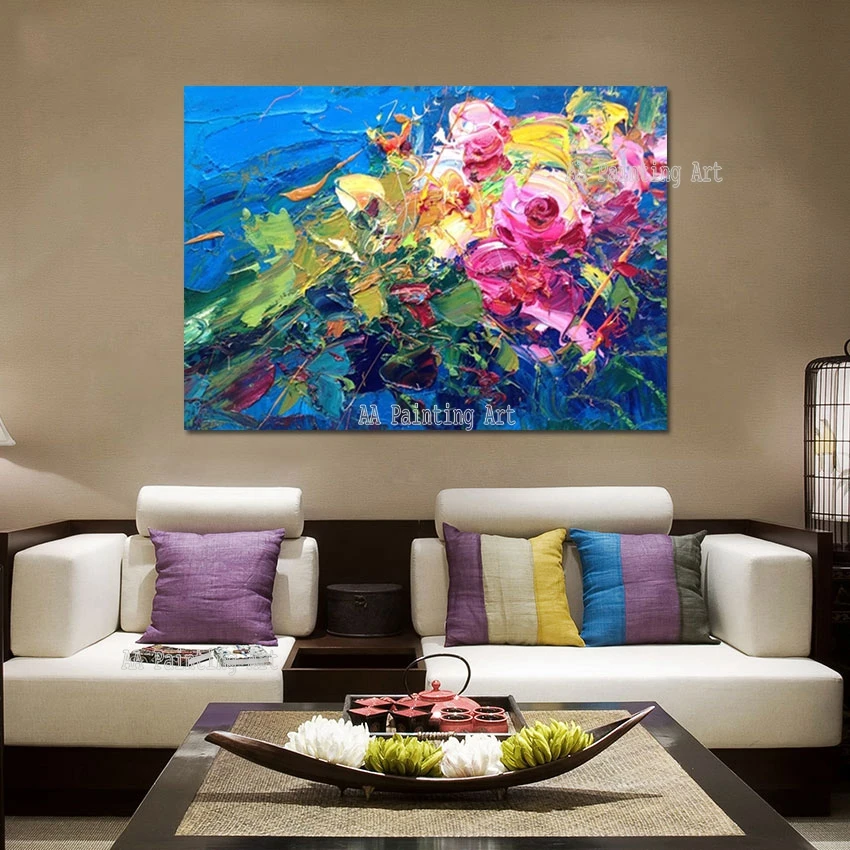 

Hotel Hall Decorative Wall Item Rose Flowers Oil Painting Picture Canvas Painted Art Unframed Showpieces Palette Knife Artwork