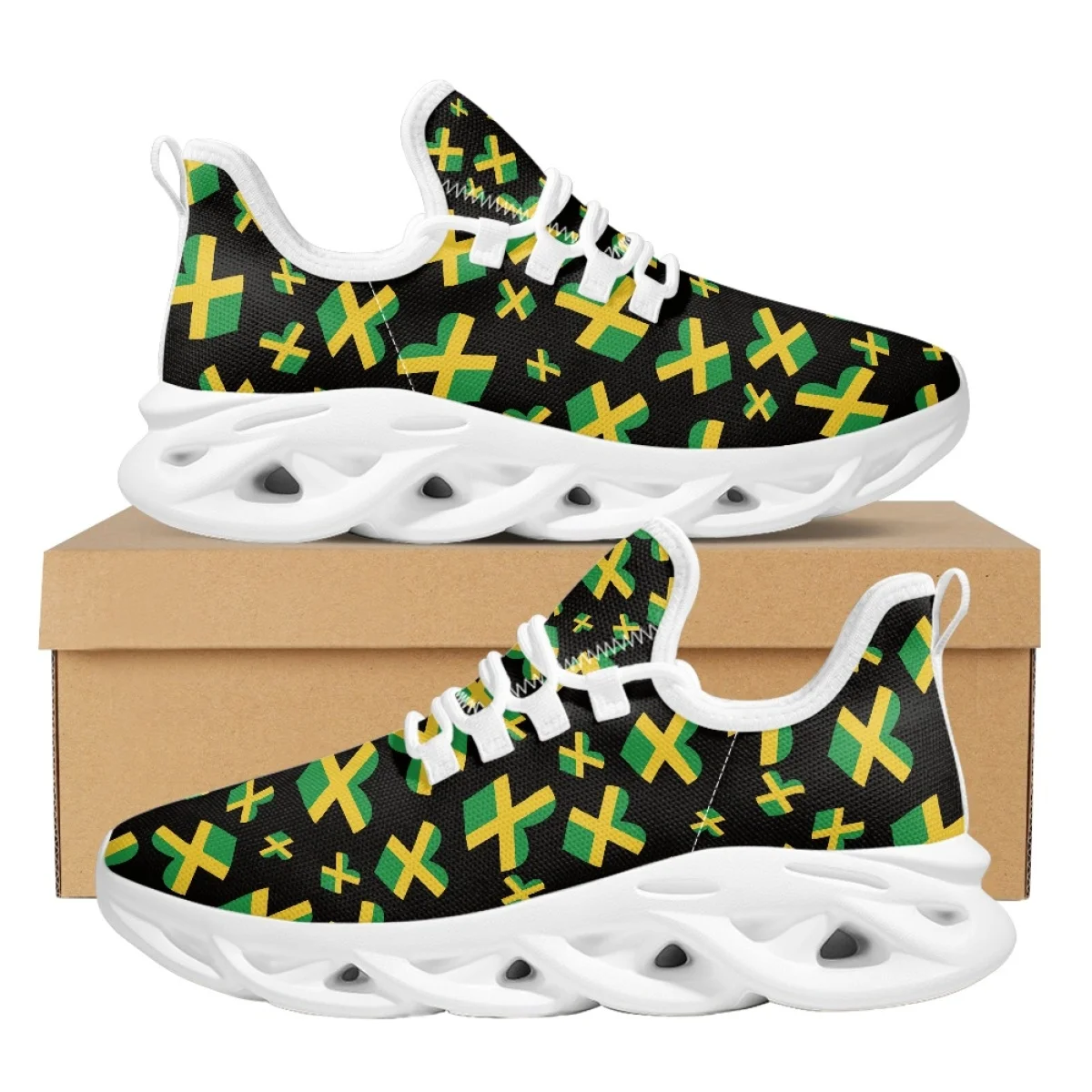 Belidome Jamaican Flag Design Shoes Womens Athletic Running Mesh Breathable Casual Sneakers Lace Up Walking Footwear Zapatos