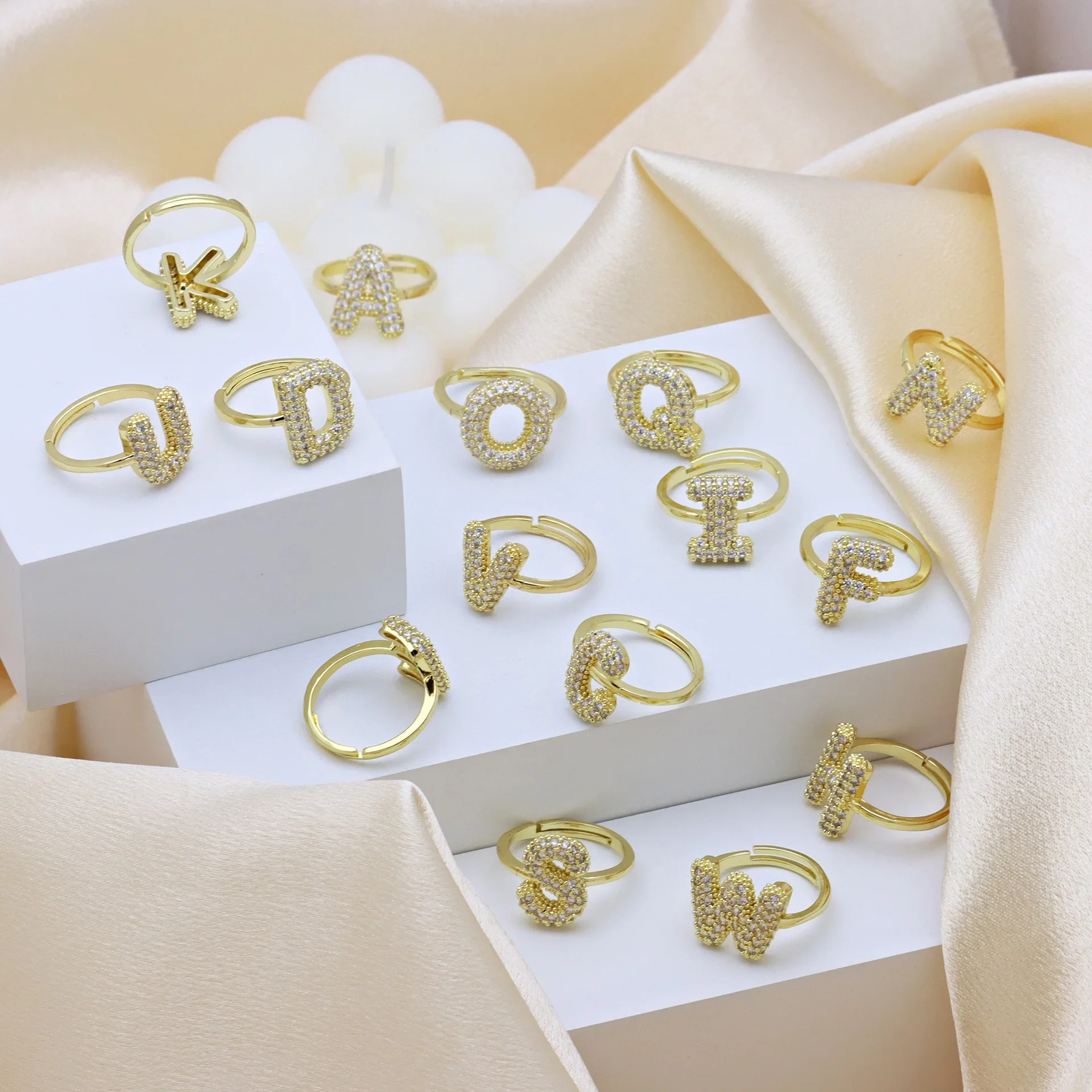 Sparkly CZ Zircon Letter Initial Finger Ring for Women Adjustable Gold Plated Balloon Bubble A-Z Alphabet Chunky Rings Jewelry