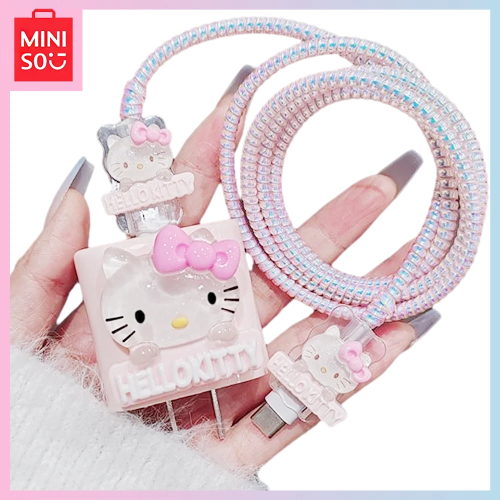 

Miniso Hello Kitty kawaii cartoon iPhone15 Data Cable Case 14promax for iPhone13 anti-breaking 12/11 case girls birthday gift