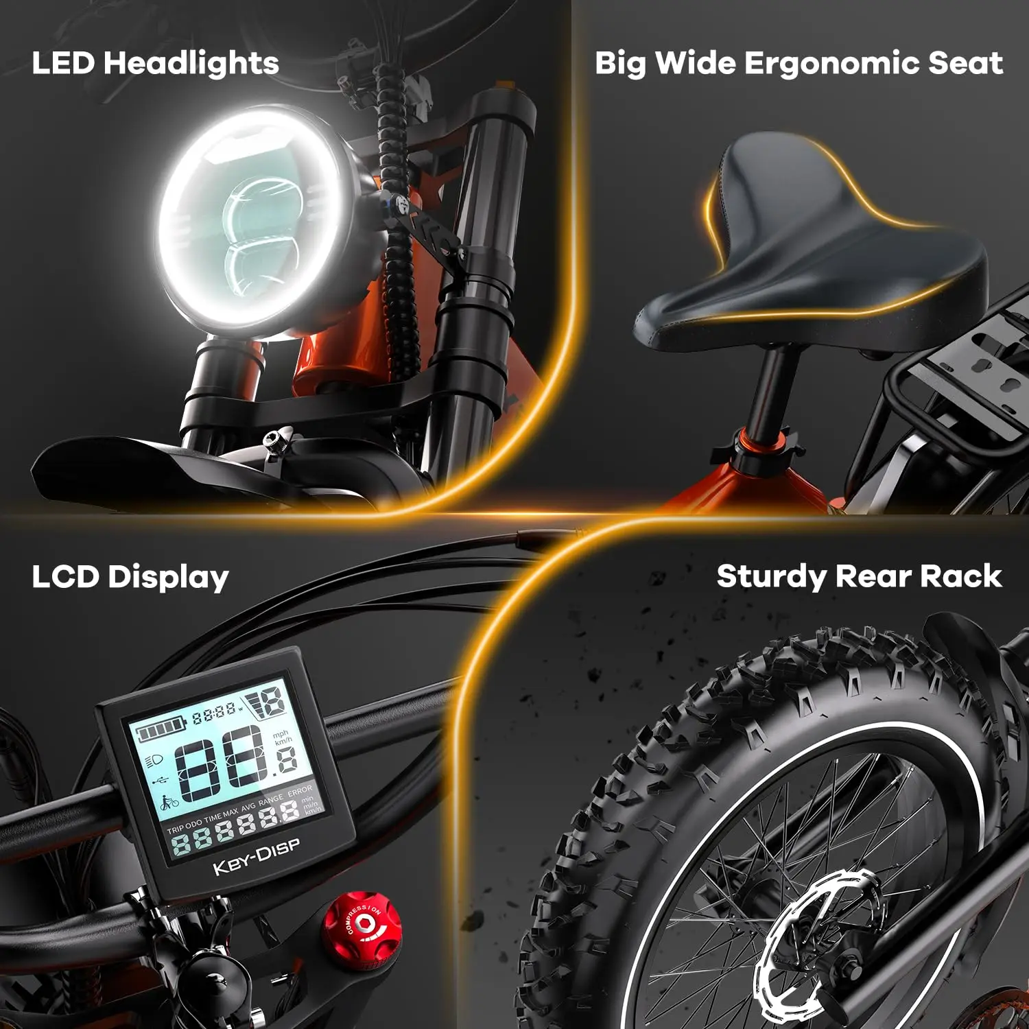 1000W (Peak 2000W) Fat Tire Folding Electric Bike – 20" x 4.0” Tires, 35MPH, 100-Mile Range, 48V 25Ah Battery 6