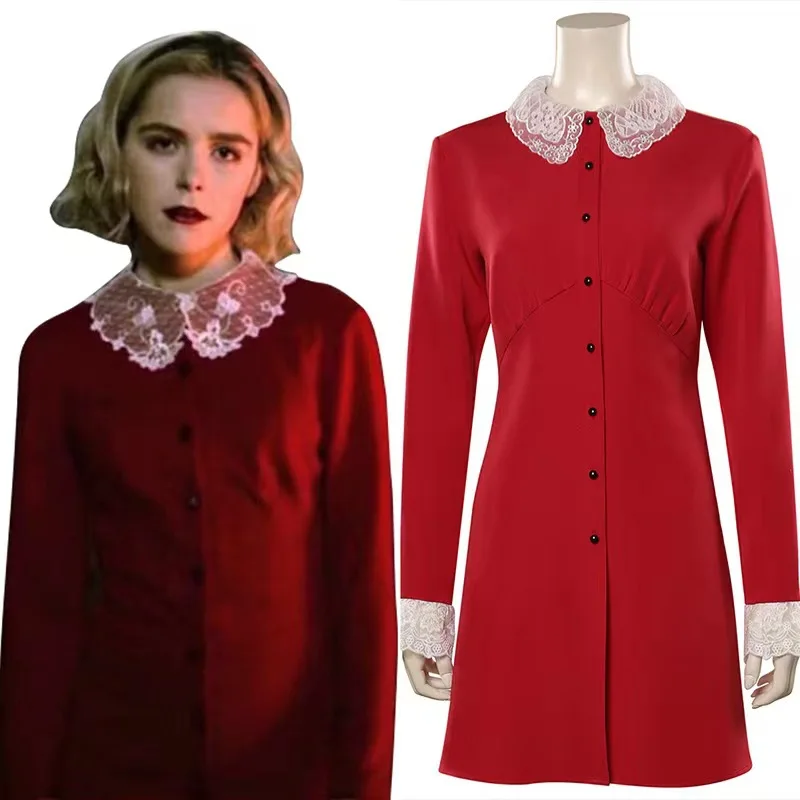 

Chilling Adventures Of Sabrina Cosplay Costume Long Sleeves Spellman Red Dress Skirt Suit Women Girls Halloween Carnival Outfits