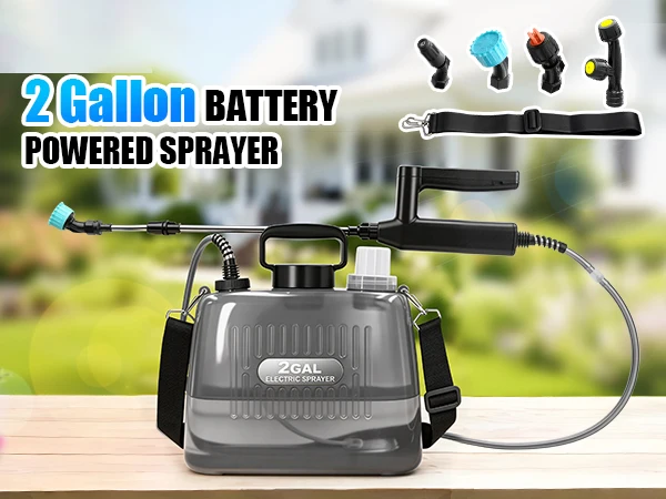 2 Gallon Battery Powered Sprayer, Electric Garden Sprayer with 3 Adjustable Pressure Levels, 4 Nozzles & Extendable Wand