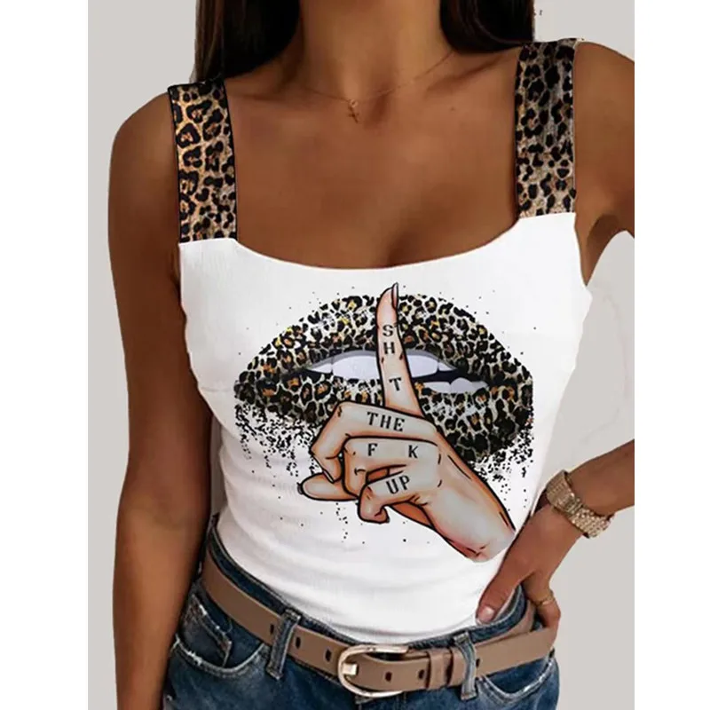 half camisole Women's Leopard Lips Print Tank Tops Sexy Sleeveless Crop Tops Party Club Streetwear 2022 Summer Lady Bustier Tops Drop Shipping camisole