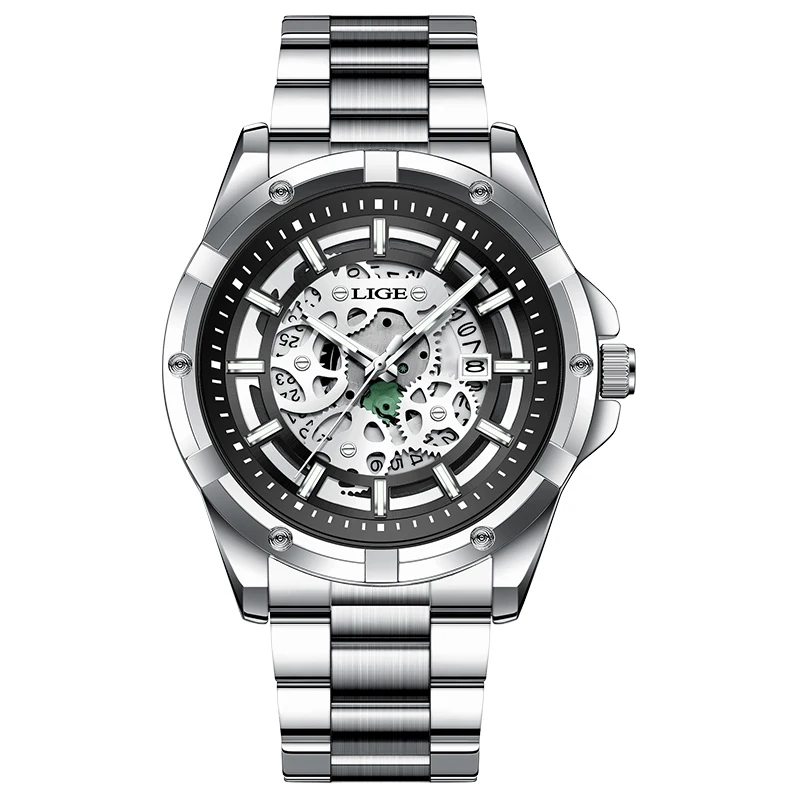 LIGE Luxury Steampunk Skeleton Dial Men's Automatic Mechanical Watch