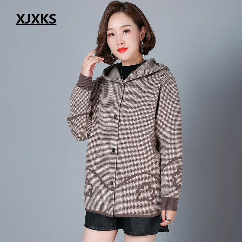 

XJXKS 2022 Autumn And Winter Latest Women's Jacket Loose Large Size Fashion Hooded Single-breasted Cardigan Female Woolen Coat