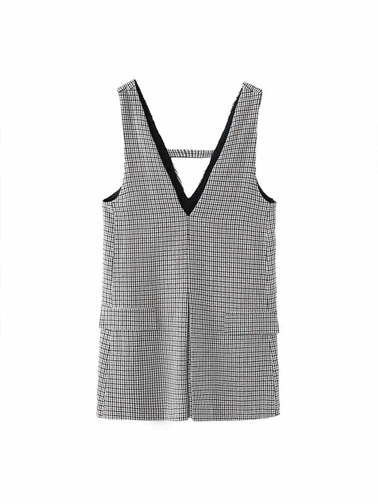 

Women New Fashion Flip decoration Tweed Check Vest style Double V-neck Mini Dress Vintage Sleeveless Female Dresses robe Mujer