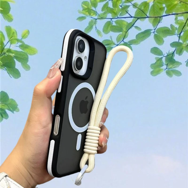 Elegant MagSafe Matte Phone Case with Lanyard and Magnetic Wireless Charging Bumper Cover
