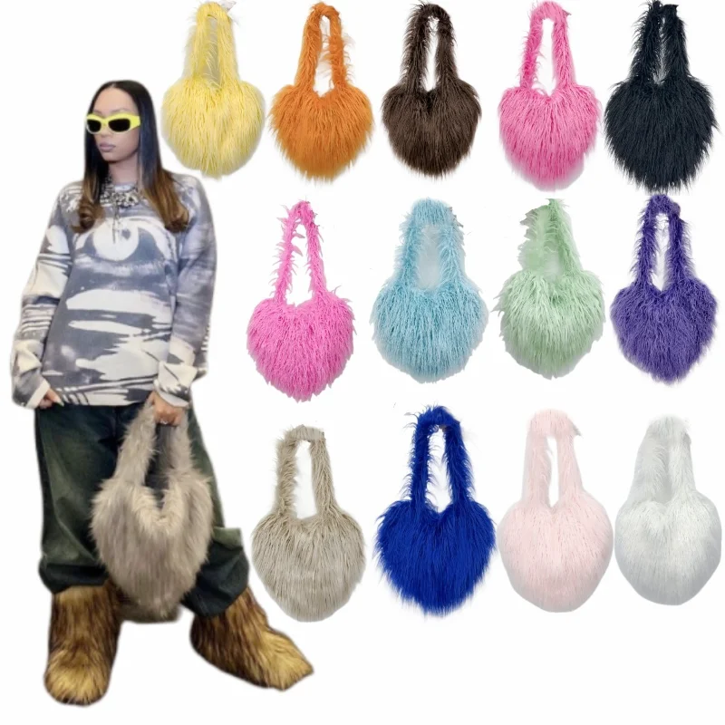 

Love Faux Fur Shoulder Bag Woman Designer Plush Y2k Handbag Women's Luxury Faux Wool Small Tote Ladies Winter Warm Purse 2023