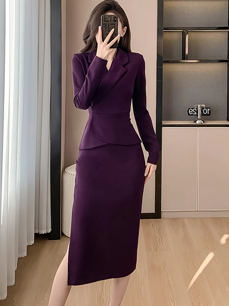 2025 Purple Bodycon Fake Two Piece Suit Dress Autumn Winter Elegant Office  Lady Dress Women Korean Fashion Casual Chic Vestidos - AliExpress