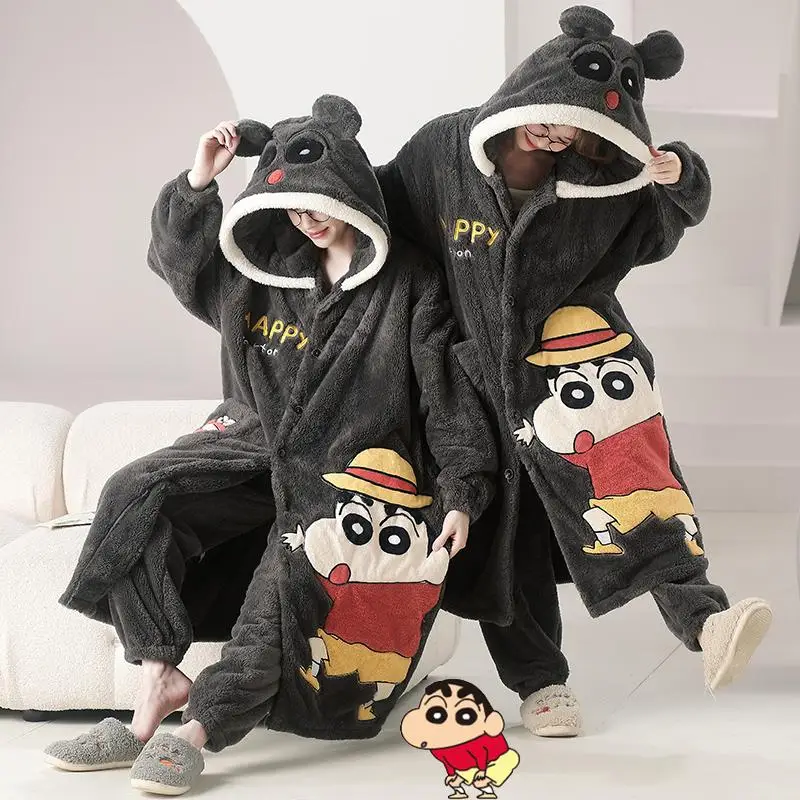 

Funny Crayon Shin-Chan Doraemon Coral Velvet Pajamas Couples Winter Thickening Leisure Plush Sleepwear Household Clothes Gift