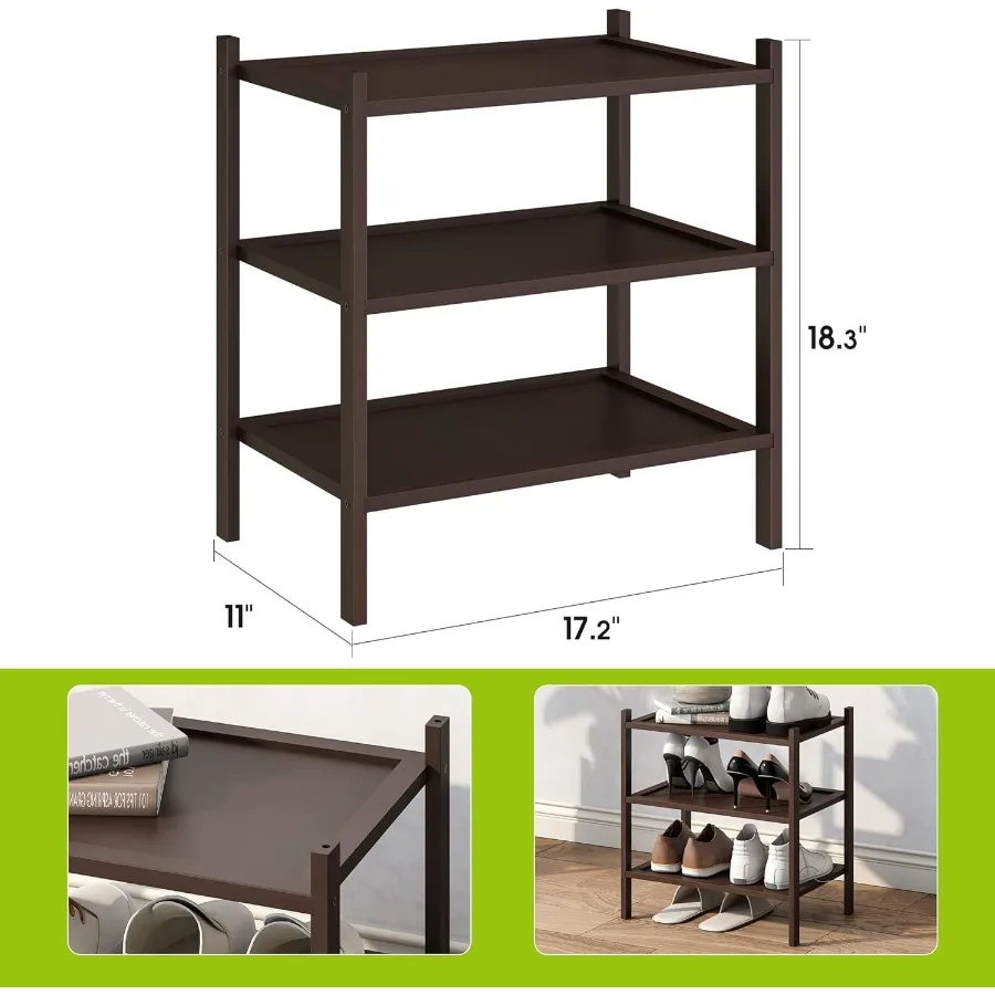 3Tier Bamboo Small Shoe Rack Premium Stackable Shoe Shelf Storage Organizer for Hallway Closet Living Room Entryway Organizer B