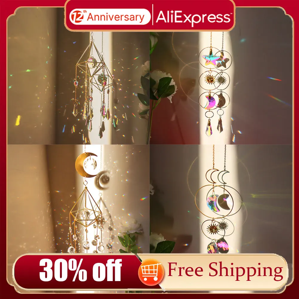 Crystal Wind Chime Moon Rainbow Sun Shine Crystal Hanging Prism Ornament Sun Catchers Garden Home Patio Porch Decoration