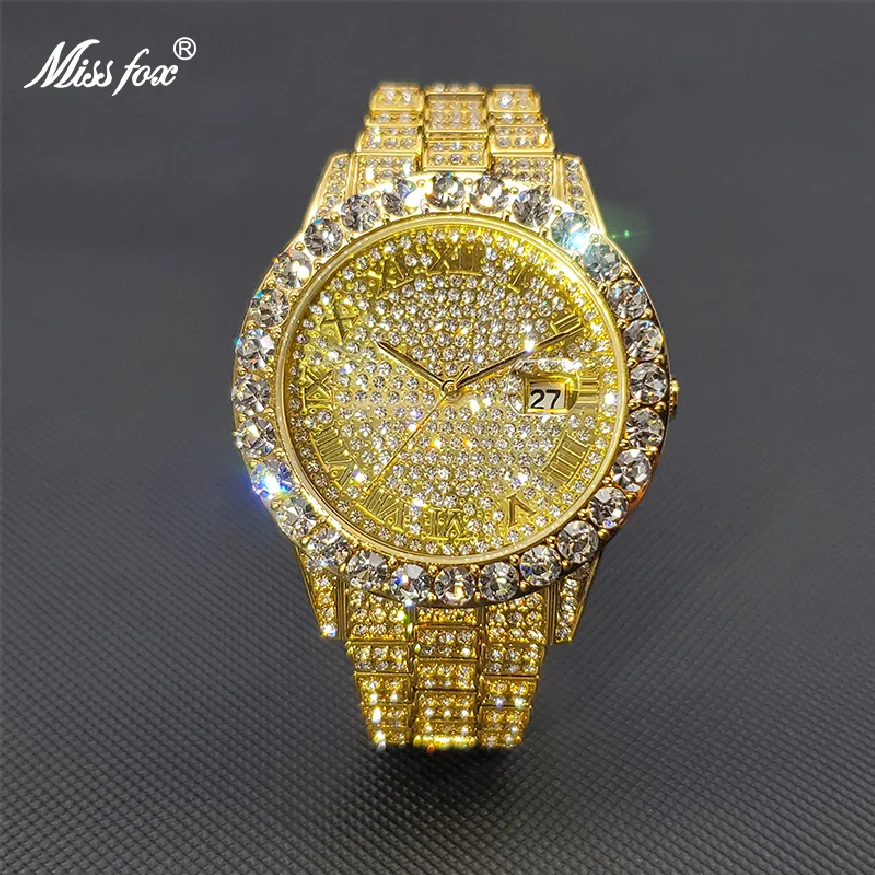 

New Men's Gold Watches Classic Business Ice Out Moissanite Couple Quartz Watches Calendar Droshipping Relogio Masculino De Luxo