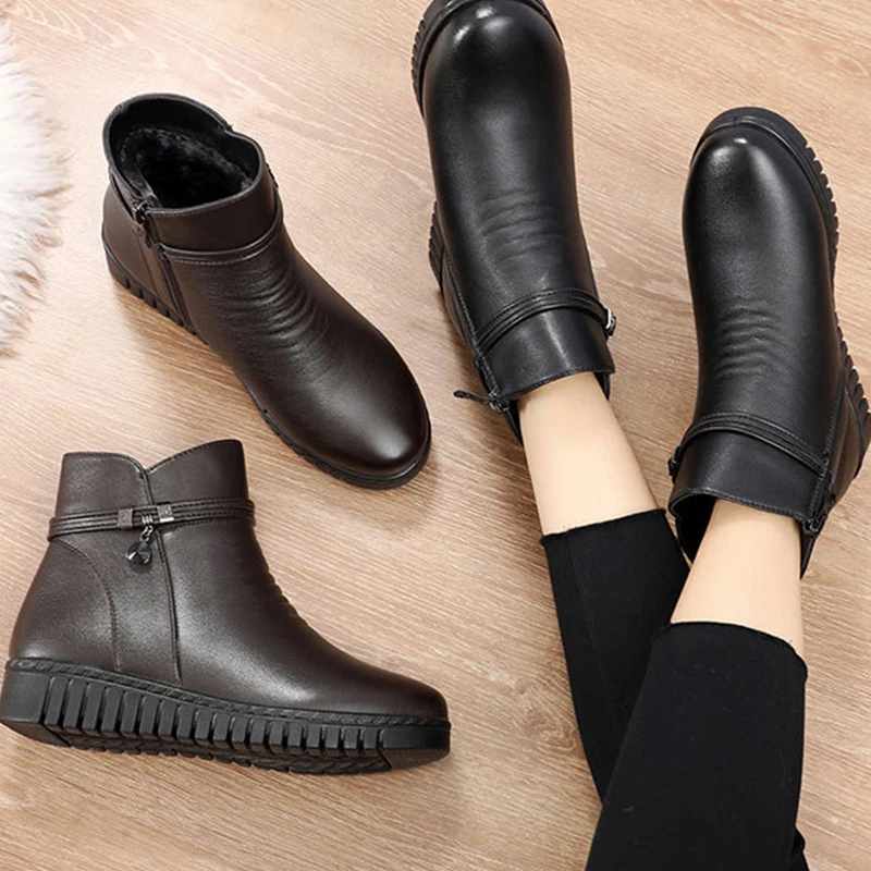 Botines de cuña para mujer, botines de felpa suave con nudo de mariposa, zapatos de invierno con cremallera, botas de plataforma de cuero para mujer 2023|Botas hasta el - AliExpress