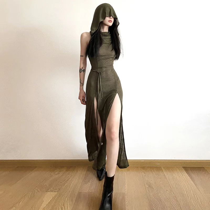Goth Dark Cyber Gothic Desert Walker Hooded Dresses Y2k Punk Grunge Hollow Out Midi Dress Women Sexy Split Side Solid Streetwear 2