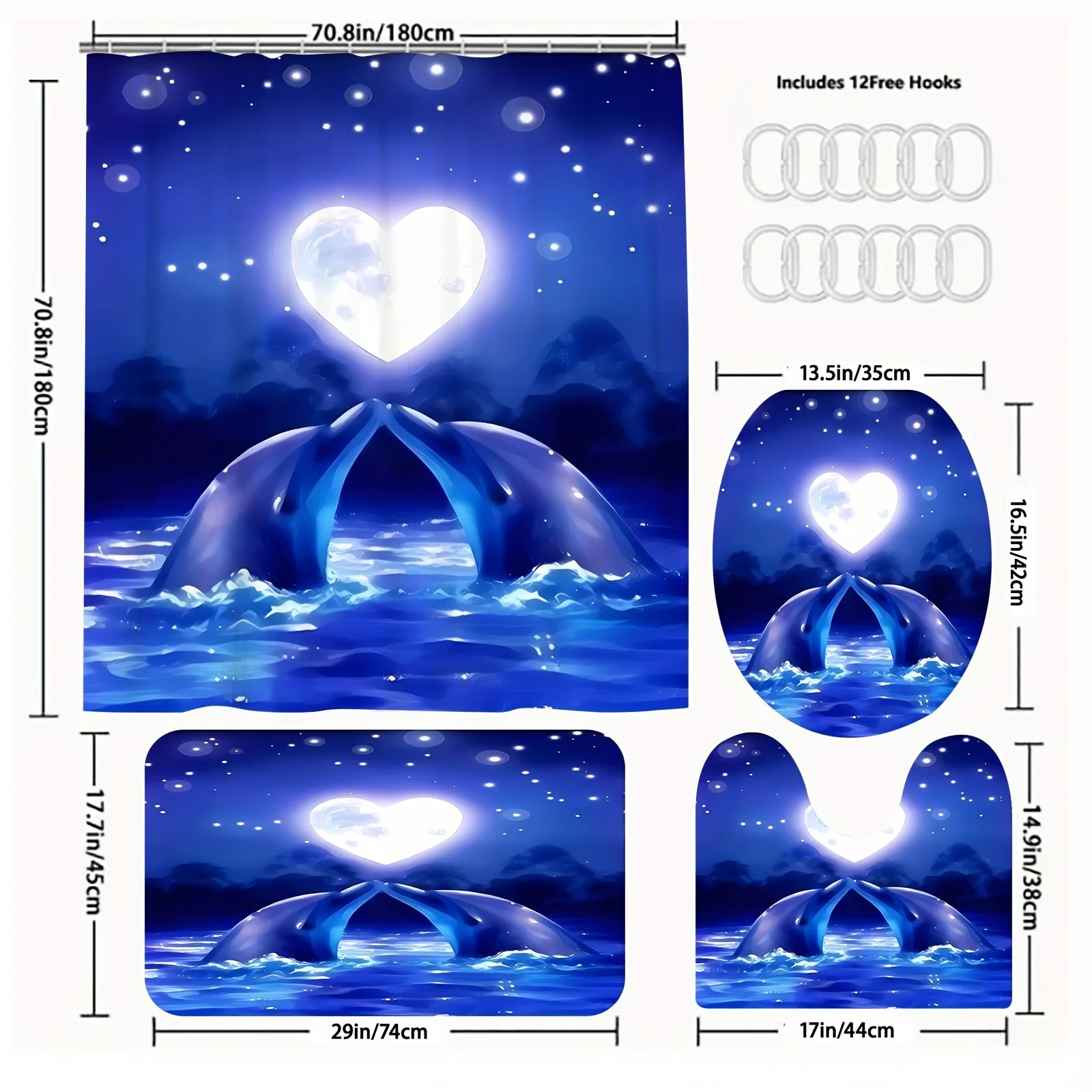 Romantic Dolphin Heart Ocean Theme Bathroom Set - Waterproof Shower Curtain, Toilet Lid Cover, Bath Mat, and Contour Mat 3