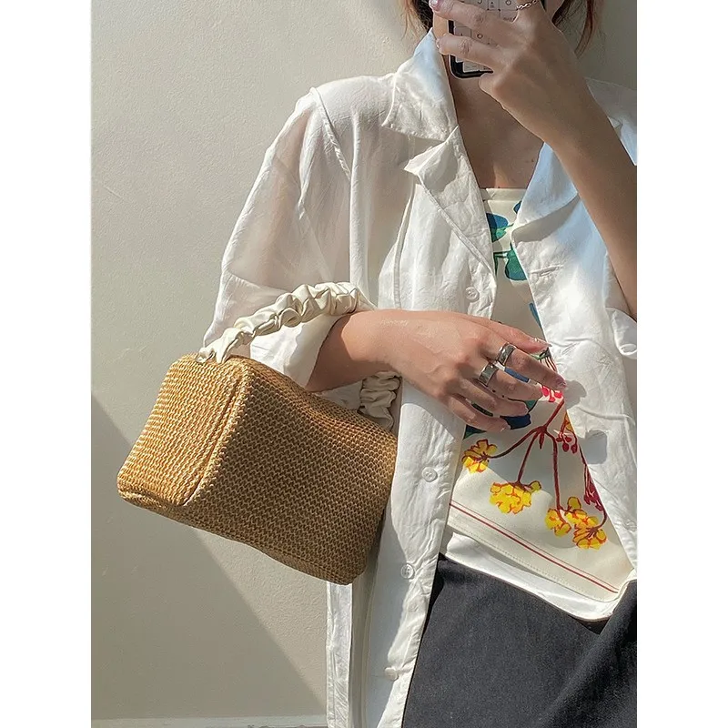 Summer Straw Handbag Women New Fashion Teenage Girls Retro Pleated Color Block Square Tote Crossbody Bag Trendy