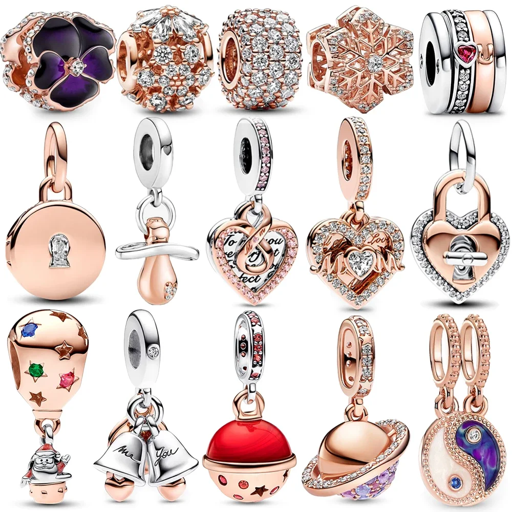 

Sparkling 925 Sterling Silver Rose Gold Balloon Bells Padlock Heart Baby Pacifier Sea Shell & Pearl Charm Fit Bracelet