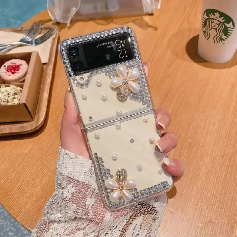 

Luxury Fashion Rose Flowers Rhinestone Phone Case For Samsung Galaxy Z Flip 1 2 3 Flip5 Diamond Crown Pearl Z Flip 4 Cover