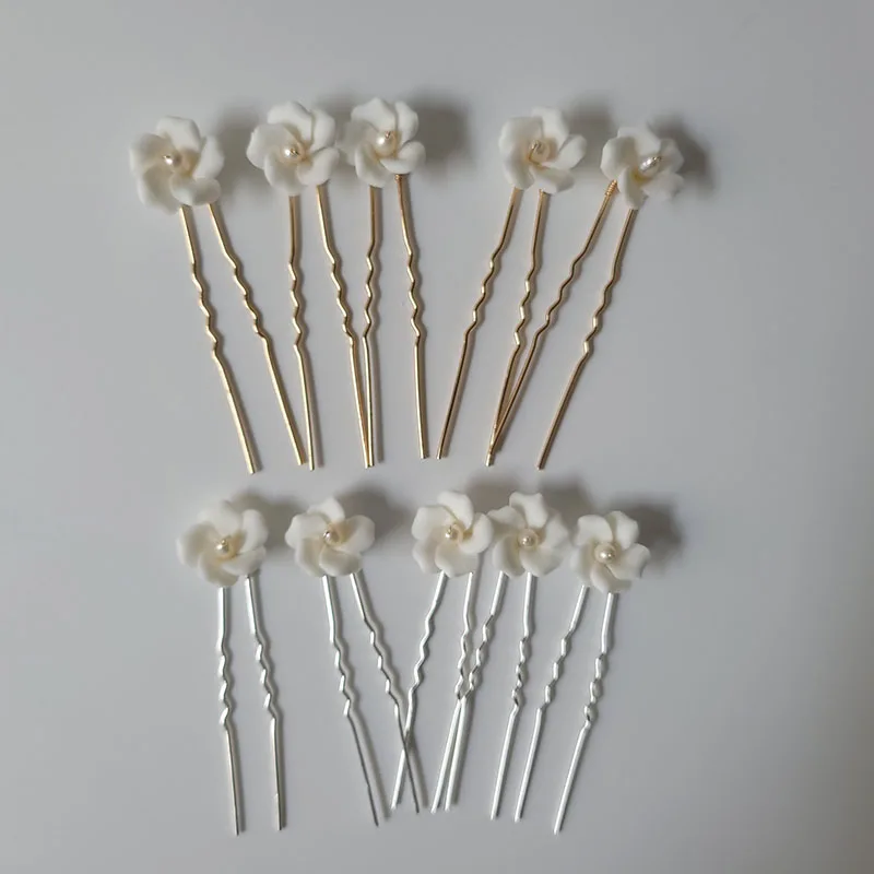 SLBRIDAL Handmade INS Style Pearls Ceram Flower Bridal Hair Pin Set Wedding Hair Sticker Hair Accessories Women Hair Jewelry