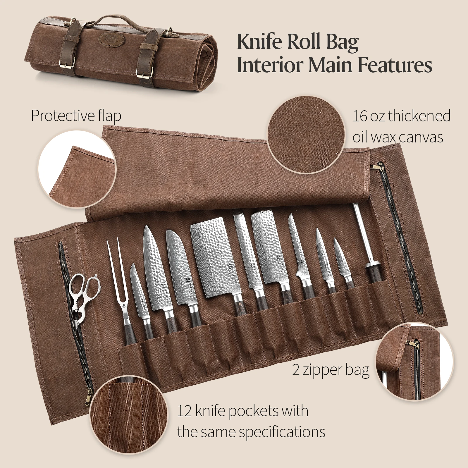 XINZUO Thickened Canvas Foldable Chef Roll Bag Kitchen Knife Bags Cooking Portable Durable Knife Storage Pockets Carry Case Knife Storage Bag