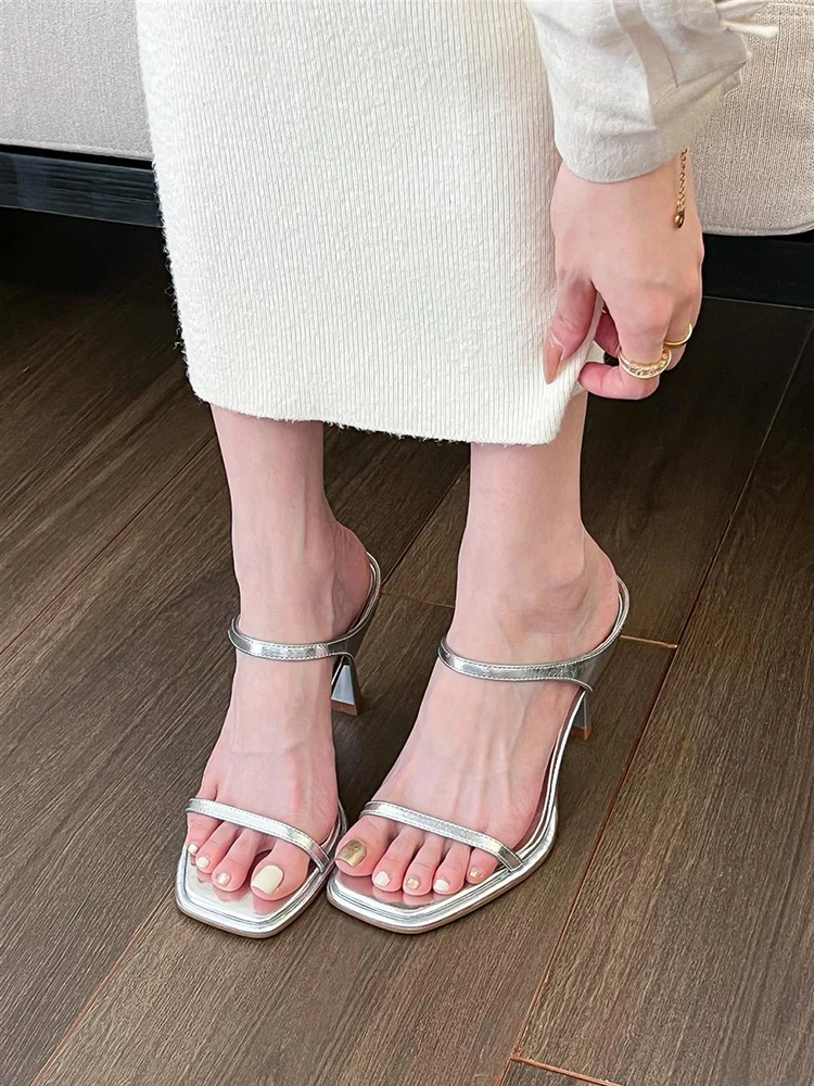 

Shoes Woman 2024 Thin Heels Low Female Slippers Heeled Mules Square Toe New High Silver Slides PU Rome Fabric Rubber Hoof