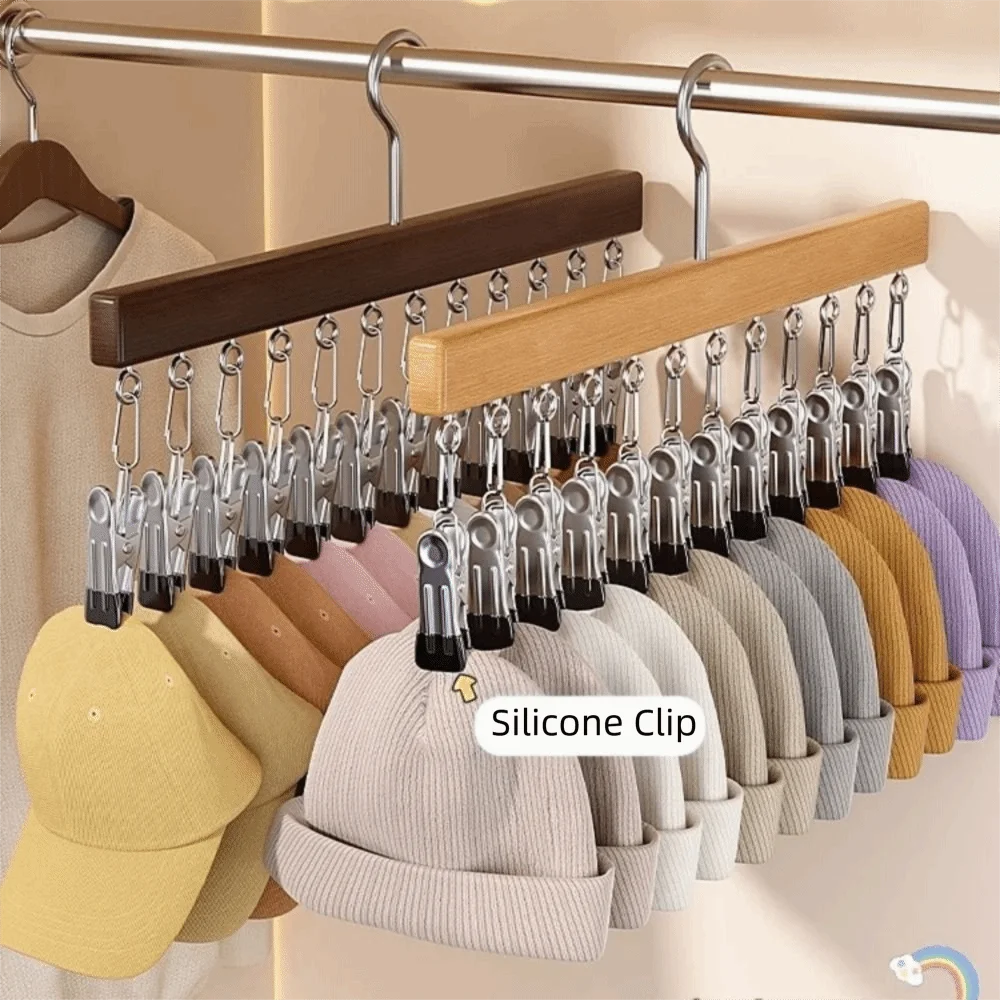 High Quality 360°Rotation Wood Hanger Stainless Steel 10/12 Clips Drying Rack No Trace Multi-function Storage Rack Socks Hanging