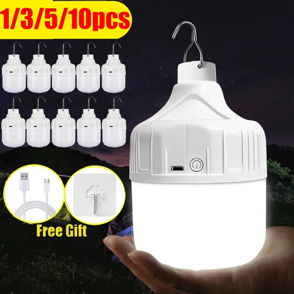 Camping Lamp Portable USB Rechargeable LED Bulb Withhook High Brightness Waterproof Outdoor for Camping Fishing Emergency Night Lighting