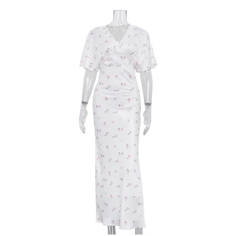 Damen-Maxikleid mit Blumendruck, V-Ausschnitt, kurzen Ärmeln, geraffter Taille, Meerjungfrauenkleid, lässig, Urlaub, Streetwear, modisches Damenkleid – Detail 6