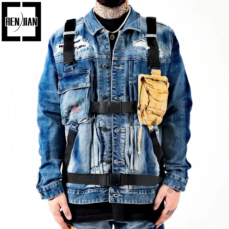 

Men's Fashion Tactical Cargo Jeans Jacket With Functional Pockets High Street Ripped Denim Trucker Coat Outerwear Straps