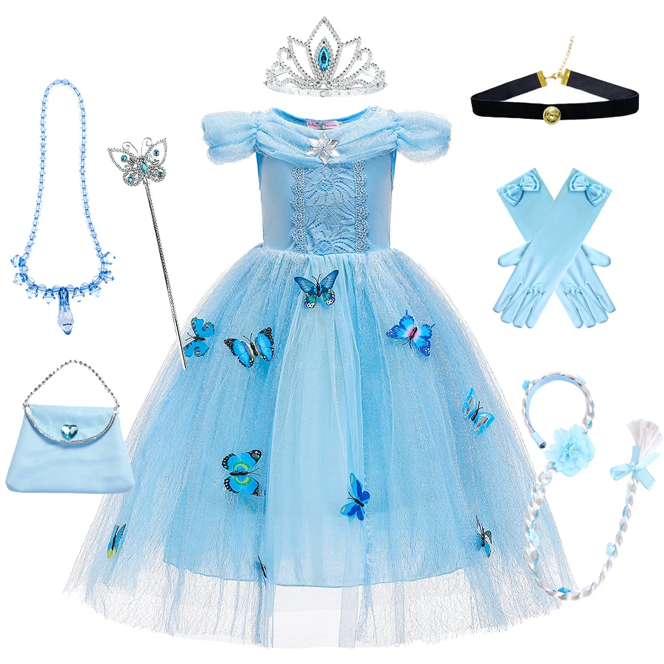 Ragazza Cenerentola Dress For Kid Girl Halloween Princess Cosplay Butterfly Ball Gowns Abbigliamento Mesh Tutu Blue Costume 2-10T