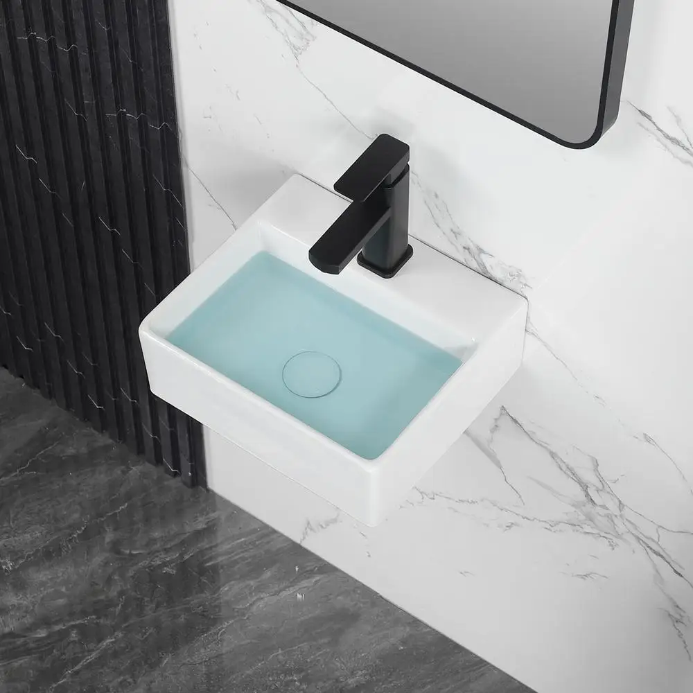 Wall Mount Small Ceramic Vessel Sink Rectangular White Mini Floating Bathroom Basin 13"x11" Tiny Countertop Sink Long-lasting 2