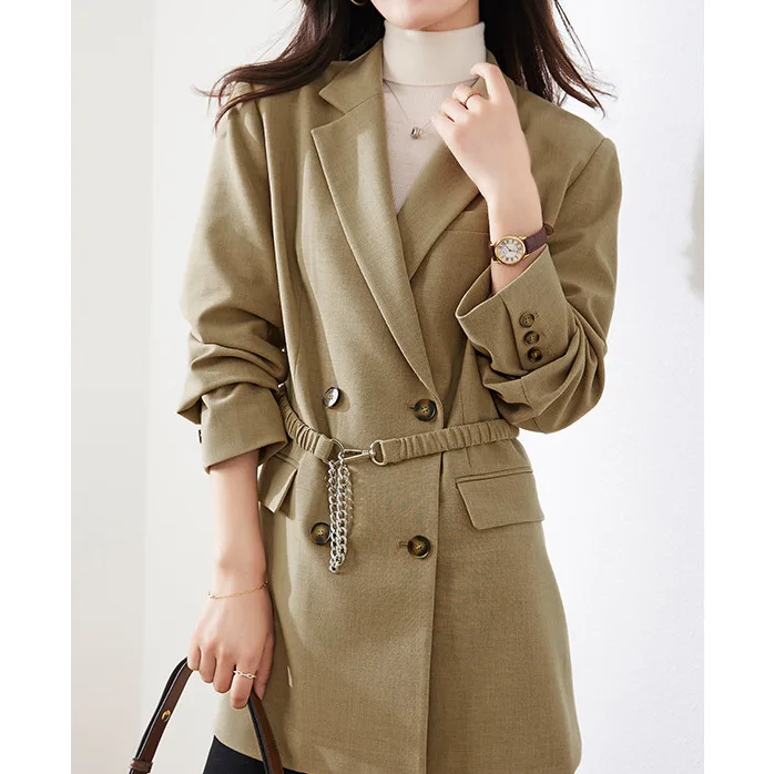 

Новая Женская весенне-осенняя Высококачественная тонкая ветровка цвета хаки средней длины с маленьким костюмом