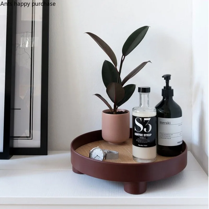 Nordic Round Plastic Tray Wooden Plastic Organize Disk Snacks Sundries High Foot Plate Home Use Desktop Decoration Tea Tray 4