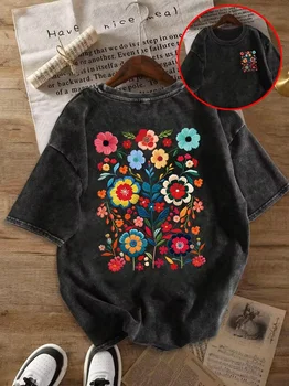 Flower Print Retro Washed T Shirt Loose Round Neck Fashion Women's Wash Short Sleeve Burning-out Printing Women's T-shirt 1