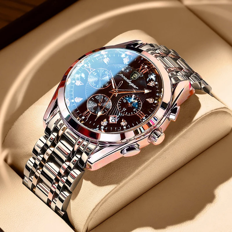 

Luxury Brand Men Quartz Watch POEDAGAR Fashion Business Watches Automatic Date Luminous Pointer Waterproof Stainless Steel Clock