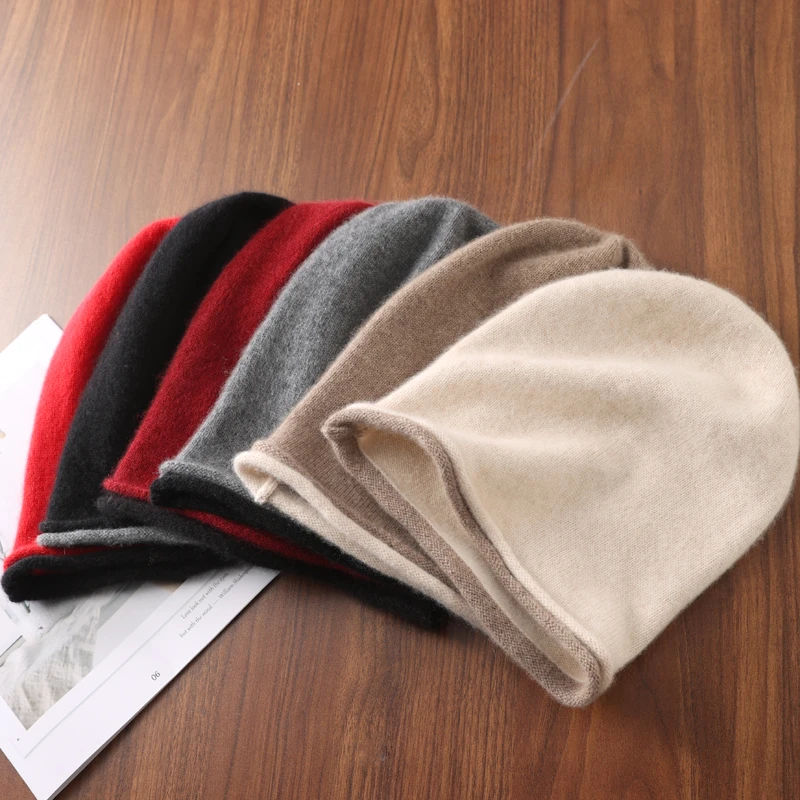 100%Wool Women's Winter Hat Fashion Crimping Hem Beanies High Quality Knitted Warm Soft Wollen Bonnet Y2k Hip Hop Skullies Cap 4