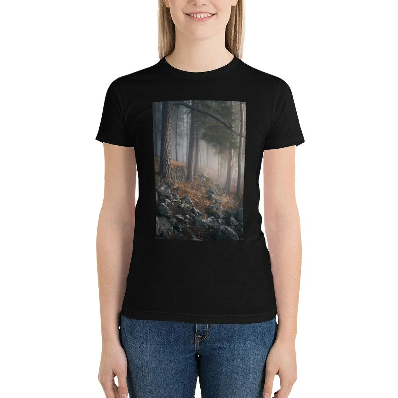 Foggy forest landscape T-Shirt korean fashion vintage clothes Blouse designer clothes Women luxury