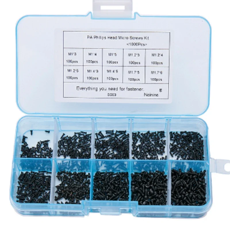 1000pcs 셀프 태핑 나사 PA M1 M2 M1.4 M1.7 소형 필립스 팬 헤드 노트북 나사 컴퓨터 나사 검정색