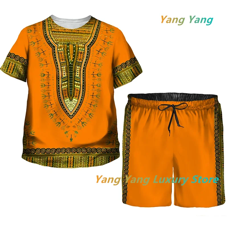 African Print Tracksuit Men/Kids Fashion T-shirts Suit Casual Shorts/Vintage Top Sport And Leisure Summer Clothes Set 4