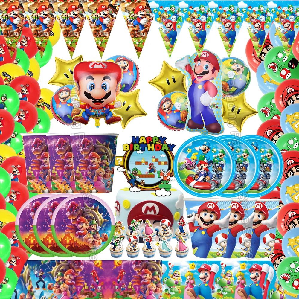 

Blue Purple Marioed Party Supplies Children Birthday Cartoon Game Super Bros Tableware Paper Plates Party Decoration DIY Ballon