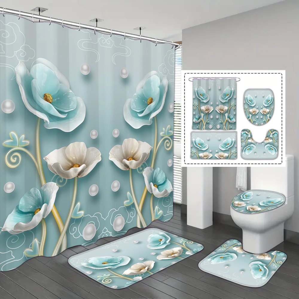 4-Piece Set of Blue White Jade Orchid Waterproof Printed Shower Curtains with 12 Hooks, Bathroom Floor Mats