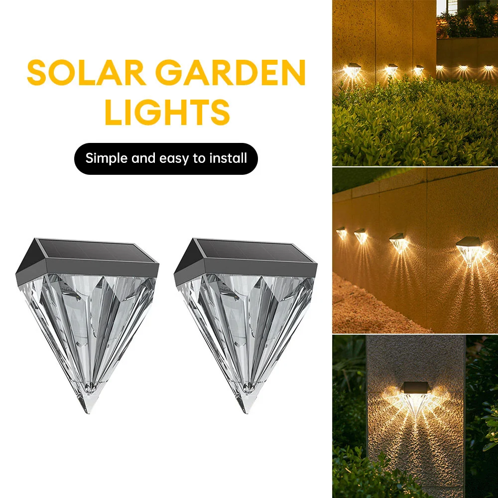 

2pcs Solar Fence Light Outdoor Waterproof Diamond Wall Lamp Solar Powered Deck Light Garden Yard Pathway Step Light Patio Decor