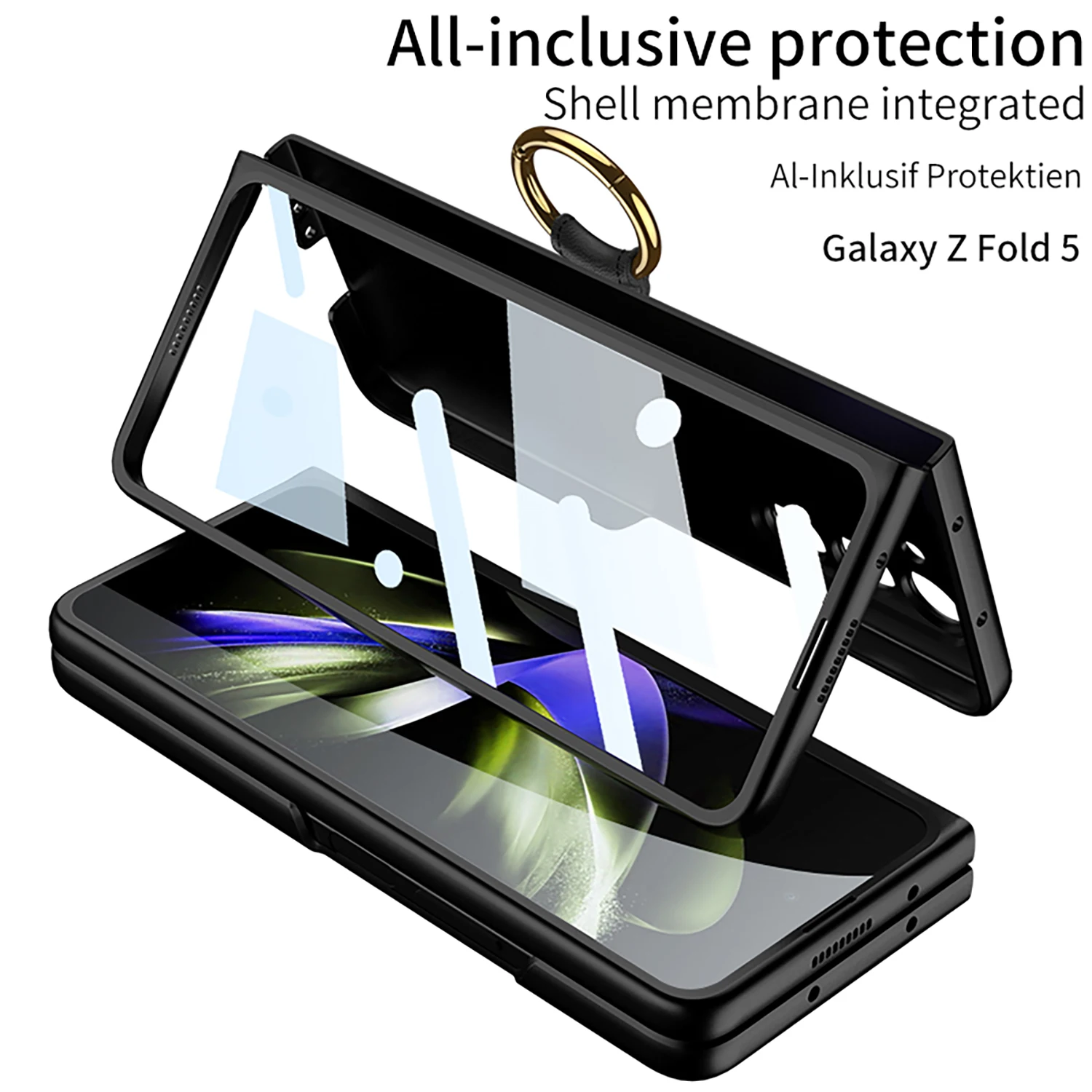 Ultra-thin Shell Film Integrated All-inclusive Protective Cover For Samsung Galaxy Z Fold 5 Creative Ring Bracket Phone Case