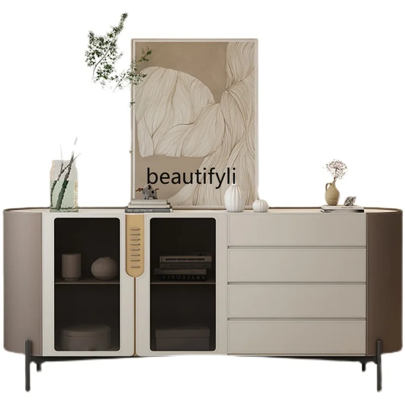 Saddle Leather Sideboard Cabinet Stone Plate Locker Living Room Combination High-Grade Italian Entrance Cabinet