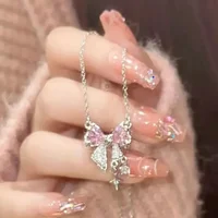 Fashion Fairy Pink Crystal Bow Knot Pendant Necklaces Y2K Girls Sweet Rhinestone Heart Clavicle Chain Women Jewelry Gifts 5